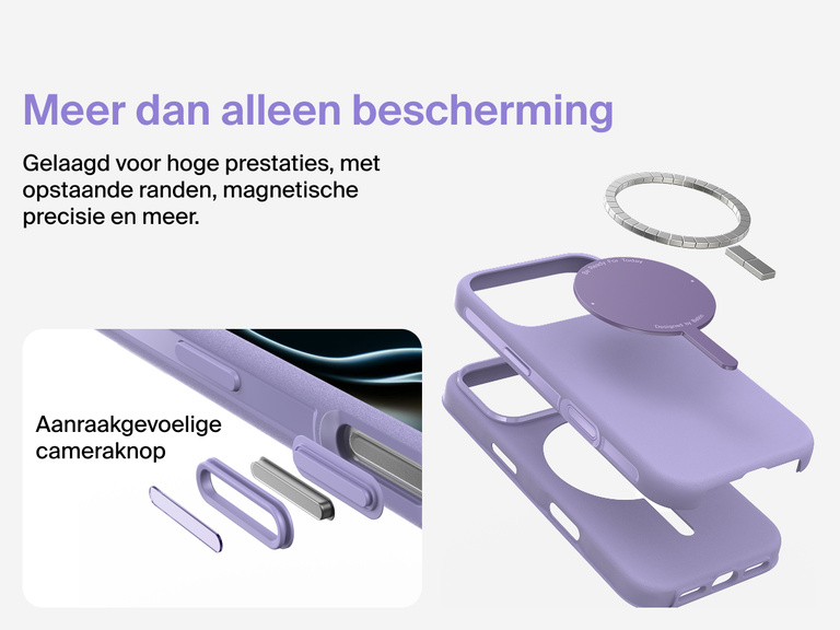 Belkin ScreenForce Protect-hoesje voor de iPhone 17, met MagSafe en Qi2-compatibiliteit voor stevige magnetische bevestiging op laders en accessoires.