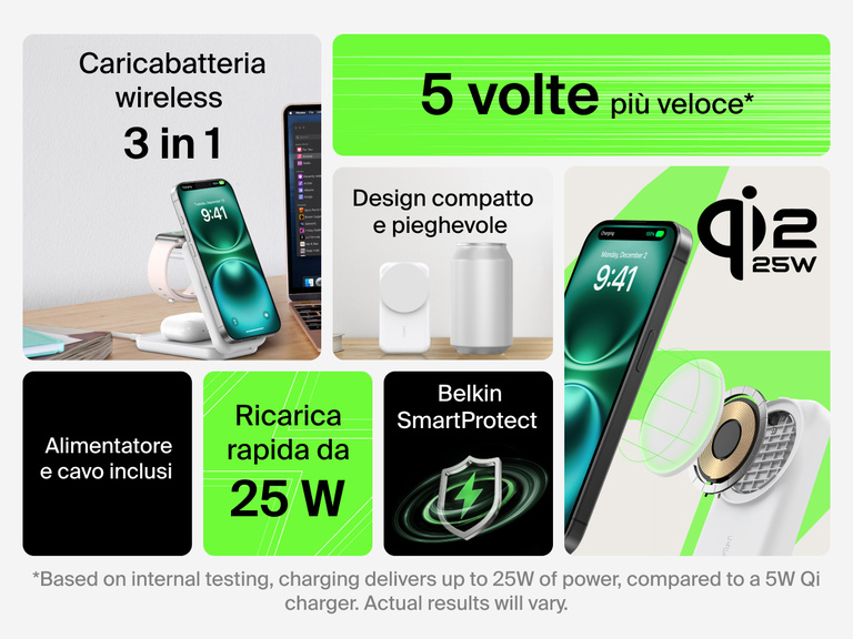 Panoramica delle caratteristiche del caricabatteria magnetico pieghevole 3 in 1 con Qi2 da 25 W Belkin UltraCharge: ricarica wireless rapida, design pieghevole e compatto, cavo e alimentatore inclusi e tecnologia Belkin SmartProtect.