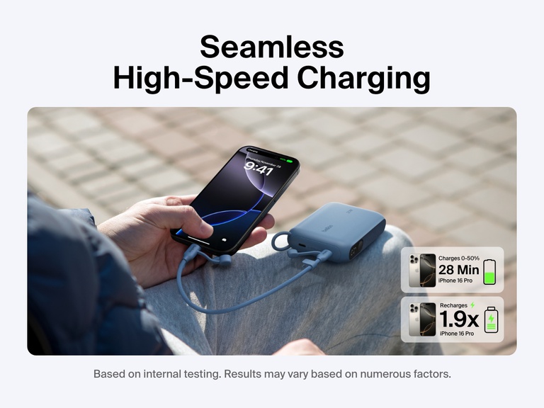 Belkin BoostCharge Power Bank 10K with Display shown delivering high-speed 20W charging to an iPhone 16 Pro, charging 0–50% in 28 minutes and providing up to 1.9 full recharges.