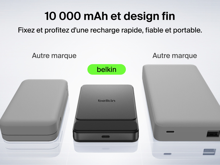 Belkin UltraCharge Slim Magnetic Power Bank 10K highlighting premium aluminum finish, ergonomic grip, soft-touch magnetic surface, digital display, and portable wireless charging design