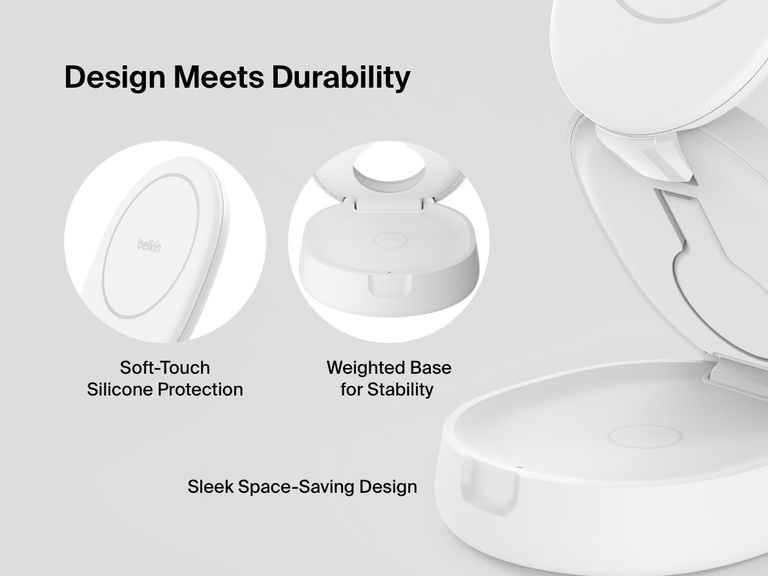 Belkin BoostCharge 3-in-1 Compact Magnetic Charging Stand shown with soft-touch silicone surface, weighted base for stability, and a sleek, space-saving foldable design.