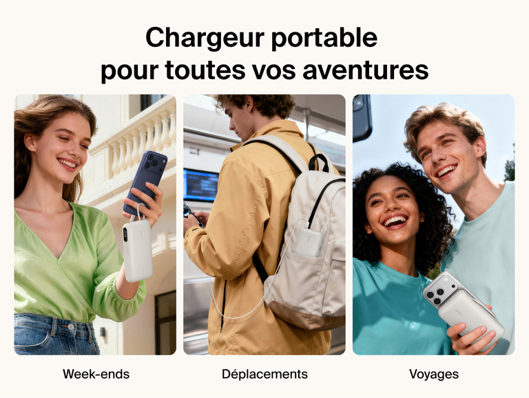 Belkin UltraCharge 20K 45W power bank with integrated cable used for travel and everyday carry, providing portable fast charging for smartphones on the go