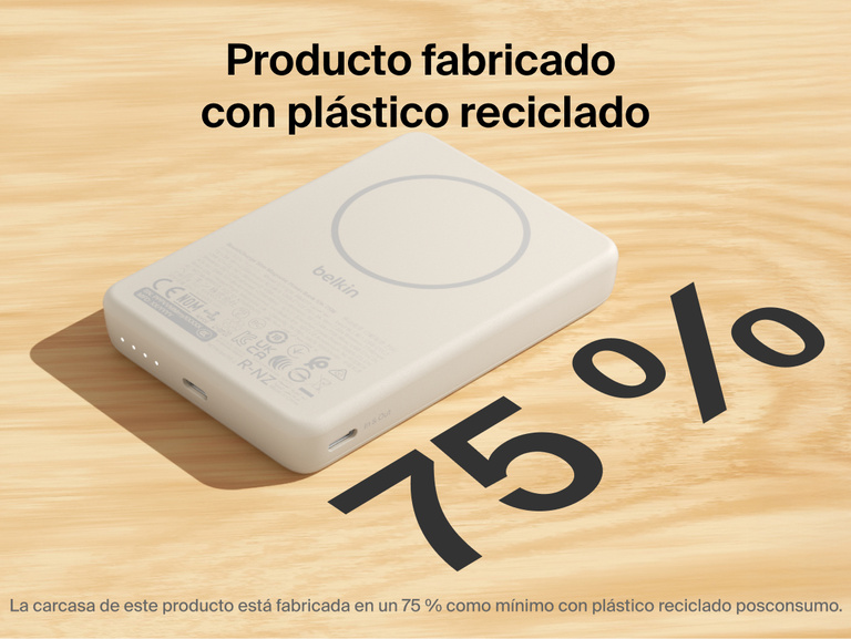 Slim Magnetic Power Bank 10K with Qi2 showing recycled plastic housing with 75% post-consumer materials and wireless charging surface on top