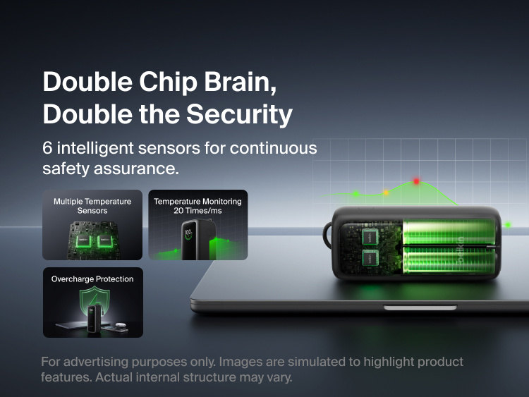 UltraCharge Power Bank 22K with Retractable Cable shown disassembled on a laptop to reveal its dual-chip internal design, illustrating temperature sensors, continuous temperature monitoring, and overcharge protection