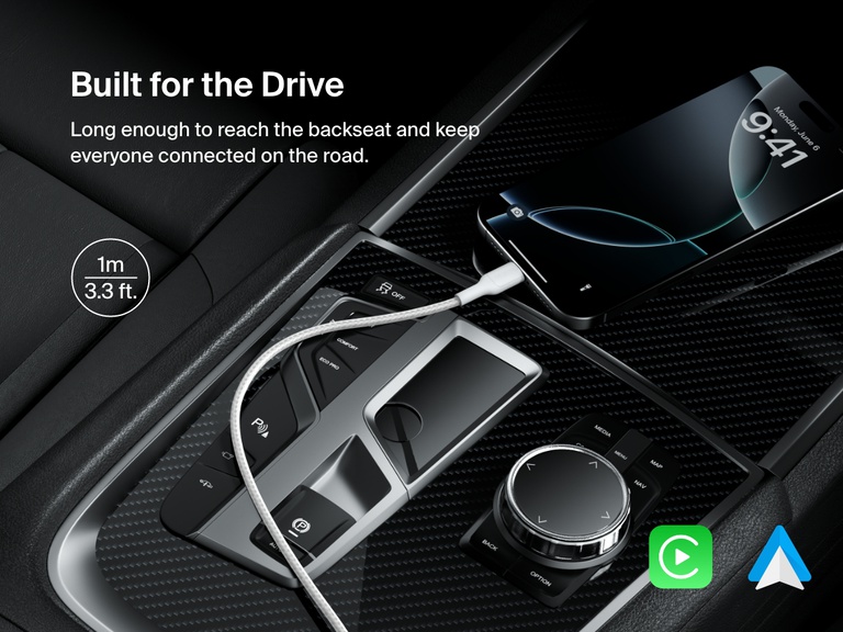 Belkin BoostCharge Pro Braided USB-C to USB-C Cable 60W in 1m (3.3ft) length shown powering a smartphone in a car, ideal for backseat reach and seamless Android Auto or Apple CarPlay connectivity.