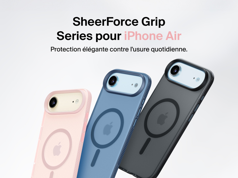 Belkin SheerForce Grip Series protective case for iPhone 17 shown in pink, clear, and black with slim design and MagSafe compatibility.