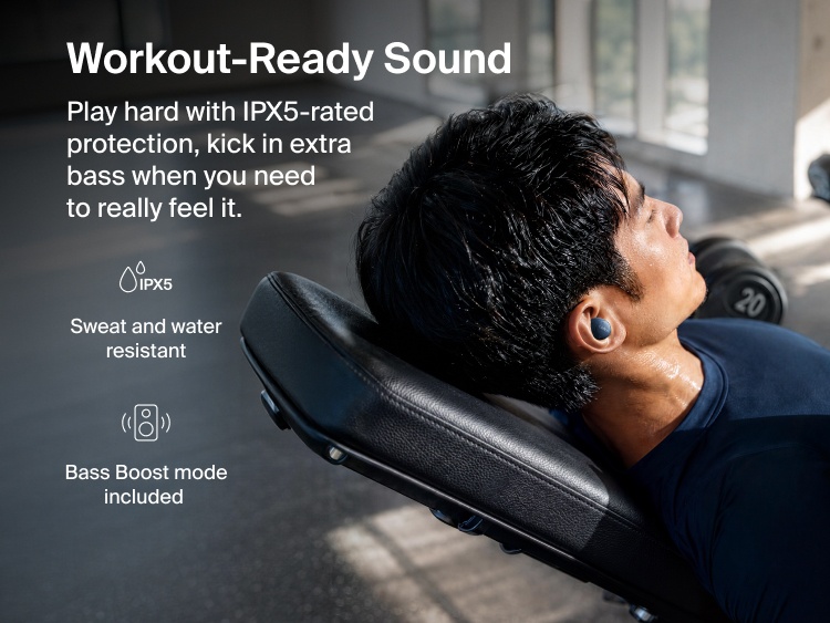 Person wearing a SoundForm Dot ANC Noise-Cancelling Earbud during a gym workout, highlighting IPX5 sweat and water resistance and Bass Boost mode