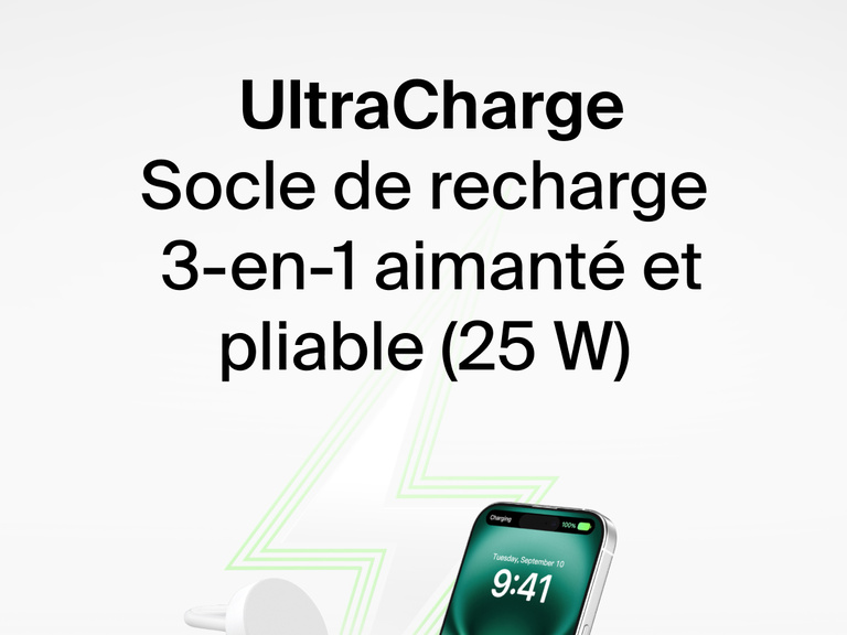 Socle de recharge 3-en-1 aimanté et pliable Belkin UltraCharge avec Qi2 (25 W) rechargeant un iPhone avec un graphique d’éclair vert en fond.