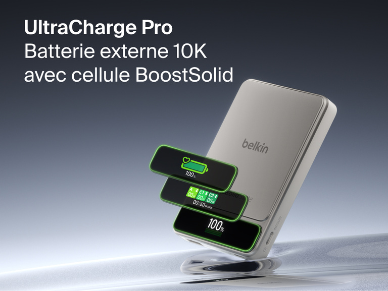 Image de la batterie externe Belkin&nbsp;UltraCharge&nbsp;Pro 10K avec BoostSolid&nbsp;Cell dot&eacute;e d'un &eacute;cran intelligent qui affiche l&rsquo;&eacute;tat de la batterie, la puissance en temps r&eacute;el et les informations de charge.