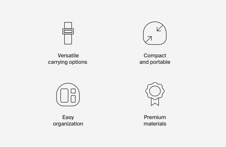 Versatile carrying options, Compact and portable, Easy organization, Premium materials 