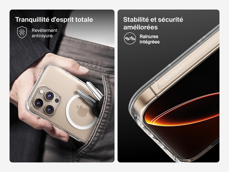 A dual-image showcase of the SheerForce™ Magnetic iPhone Case's key protective features. The left image highlights the anti-scratch coating, showing the case protecting an iPhone from keys in a pocket. The right image focuses on the enhanced stability and grip, featuring special textured grooves that improve handling and reduce the risk of slipping.