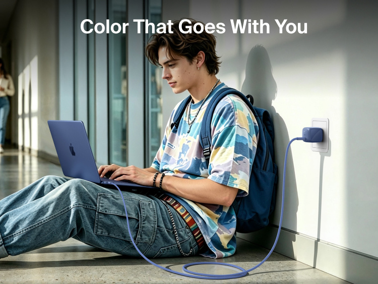 Student using a MacBook Neo while charging with the Belkin BoostCharge Compact USB-C Charger 30W and braided USB-C cable in a hallway.