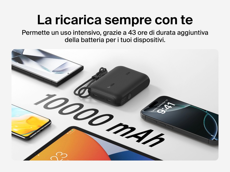 Immagine della power bank 10K con display BoostCharge Belkin, circondata da molteplici dispositivi, a evidenziarne la capacità di 10.000 mAh e la possibilità di fornire fino a 43 ore di batteria aggiuntiva durante gli spostamenti.