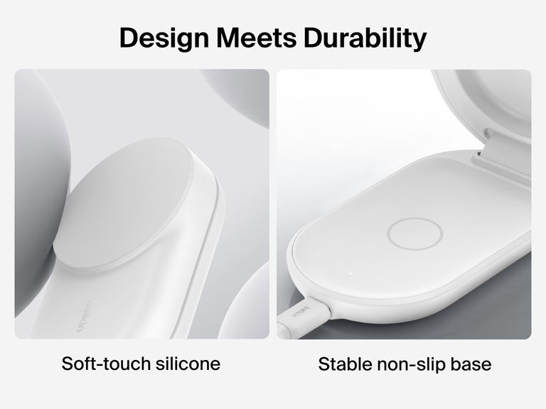 Belkin UltraCharge 3-in-1 Foldable Magnetic Charger with Qi2 25W features soft-touch silicone and a stable non-slip base for durable, secure wireless charging.