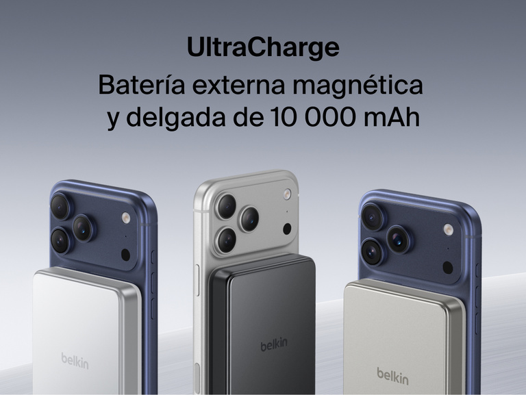 Belkin UltraCharge Slim Magnetic Power Bank 10K attached to smartphones showcasing compact magnetic wireless charging and portable battery design