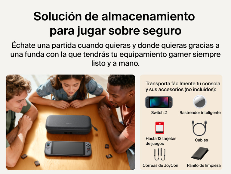 Belkin Gaming Charging Case Pro for Nintendo Switch 2 shown storing the console, game cards, cables, and accessories for organized, game-ready portability.