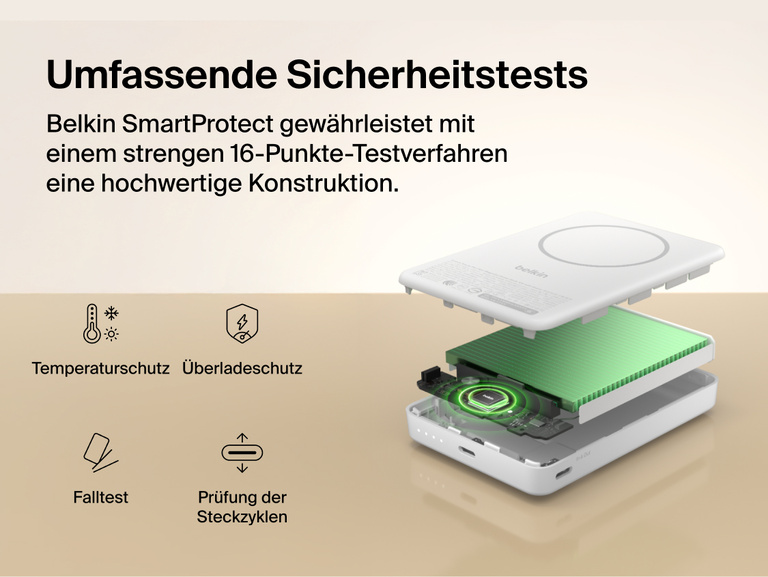 Slim Magnetic Power Bank 10K with Qi2 internal components exposed highlighting thermal control and safety protection features