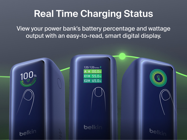 Close-up of the UltraCharge Power Bank 22K with Retractable Cable's smart digital display cycling through battery percentage, wattage output per port, and temperature status screens