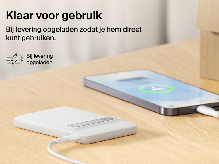Belkin BoostCharge Slim Magnetic Power Bank 5K with Qi2 shown precharged and ready to deliver fast, portable wired or magnetic wireless charging straight out of the box.