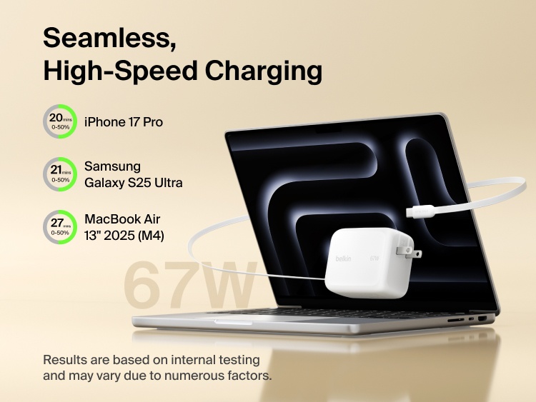 Belkin UltraCharge Retractable GaN Wall Charger 67W fast charging laptop with built-in retractable USB-C cable, delivering high-speed power for iPhone, Samsung Galaxy, and MacBook devices.