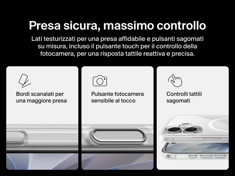 Belkin SheerForce Clear Series Case for iPhone 17 with grooved edges, tactile molded controls, and touch-sensitive camera button for secure grip and seamless control.