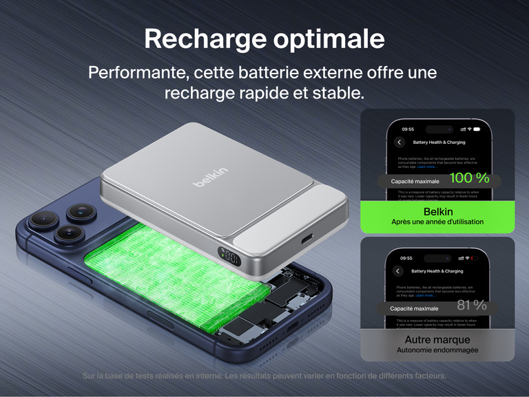 Belkin UltraCharge Slim Magnetic Power Bank 10K highlighting dual chip system, advanced temperature sensors, and real-time monitoring for enhanced charging safety and protection