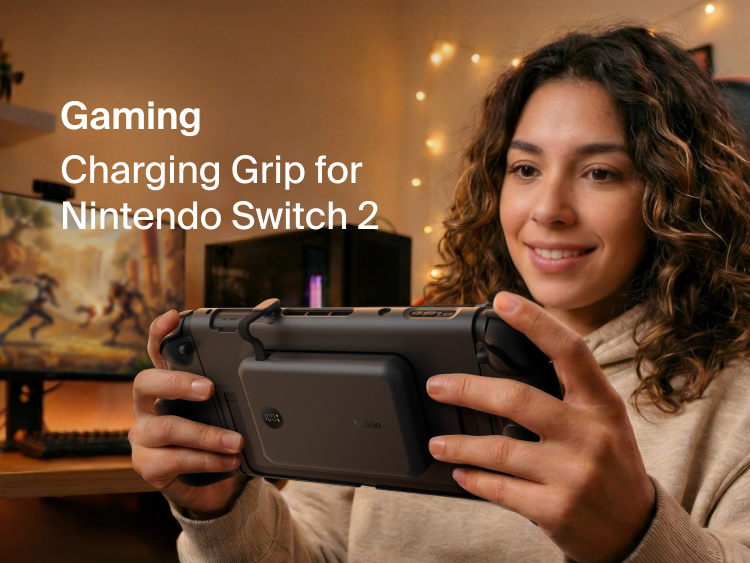 Belkin Gaming Charging Grip for Nintendo Switch 2 with magnetic power bank attachment, ergonomic grips, LED battery display, dock compatibility, and detachable Joy-Con support.