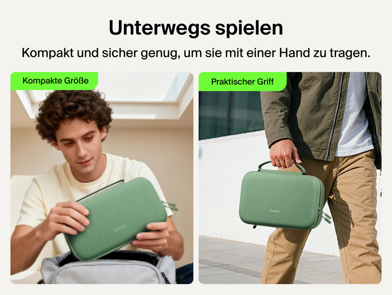 Belkin Gaming Charging Case Pro for Nintendo Switch 2 shown in a compact portable design with convenient carry handle for gaming on the go.