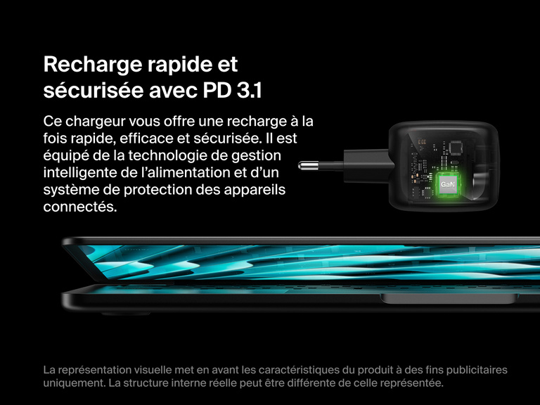 Le chargeur secteur GaN deux ports USB-C Belkin BoostCharge Pro (50 W) avec technologie PD 3.1 offre une recharge rapide, efficace et sécurisée grâce à sa fonction de gestion intelligente de l’énergie et de protection des appareils connectés.