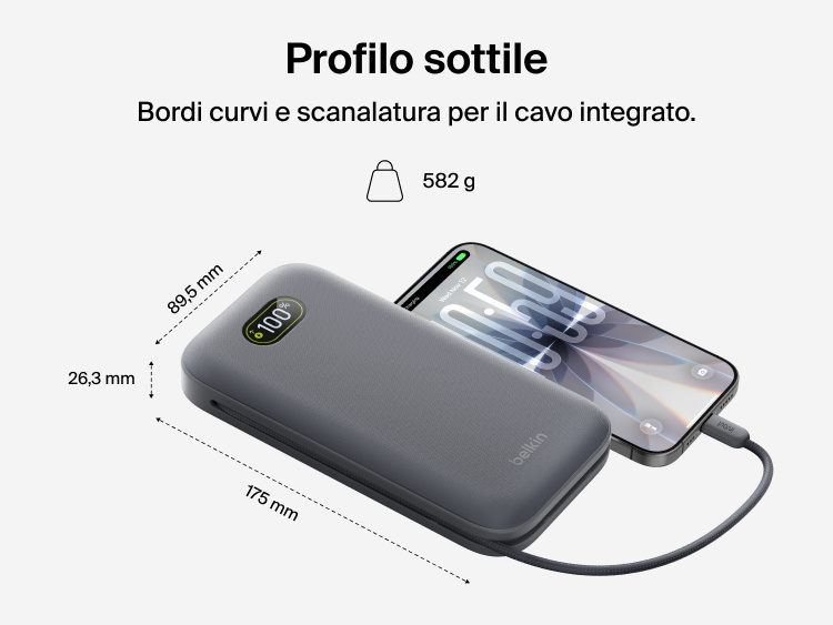 UltraCharge Pro Laptop Power Bank 27K with slim rounded design, integrated cable groove, and compact dimensions charging a smartphone