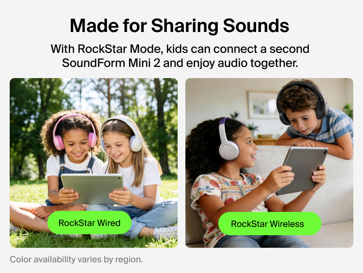 SoundForm Mini 2 Wireless On-Ear Headphones for Kids RockStar Mode lifestyle scenes: two girls sharing audio via wired connection outdoors, and two kids sharing audio wirelessly on a tablet indoors, labeled RockStar Wired and RockStar Wireless