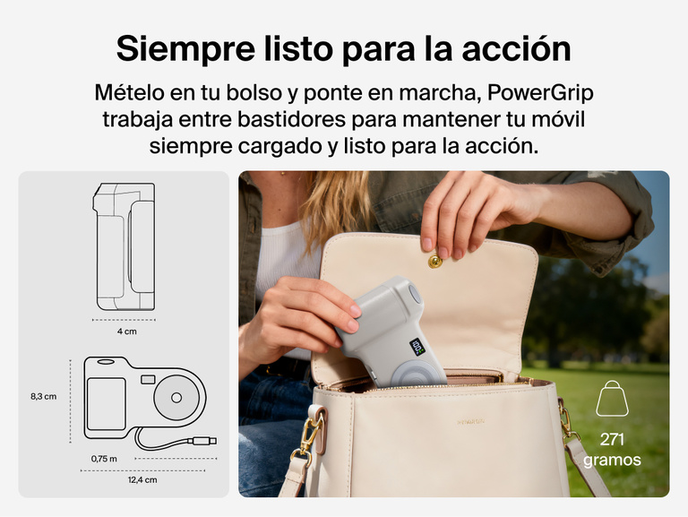 Person placing the Belkin Stage PowerGrip portable magnetic wireless charger into a handbag, shown with product dimensions and lightweight design for easy travel.