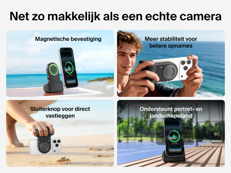 Belkin Stage PowerGrip shown in various scenes demonstrating magnetic snap-on attachment, stable camera-like grip, one-touch shutter, and easy portrait or landscape phone positioning.