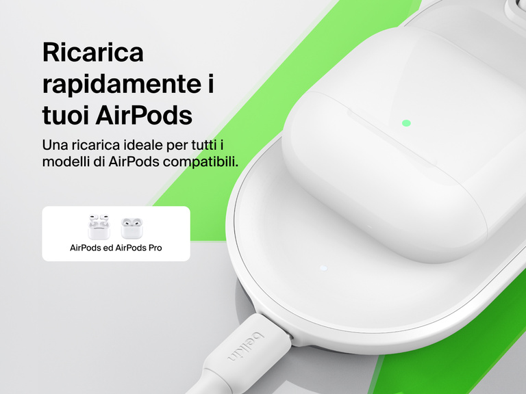 Il caricabatteria magnetico pieghevole 3 in 1 con Qi2 da 25 W Belkin UltraCharge offre una ricarica wireless ottimale per AirPods ed AirPods Pro compatibili.