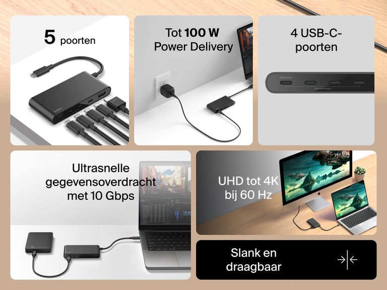 Belkin Connect 5-Port USB-C Hub with 4K HDMI offers 100W power delivery, 10Gbps data transfer, and slim portable design.