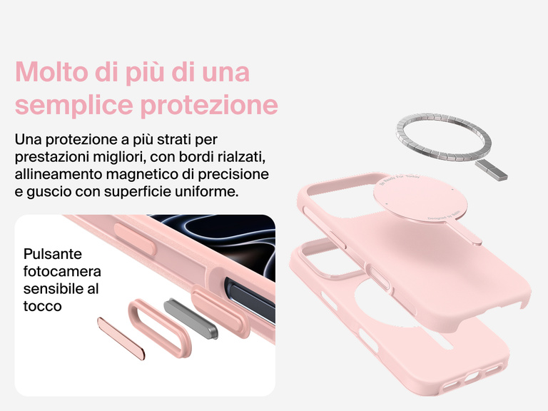 Immagine della custodia Belkin SheerForce Protect Series per iPhone 17 che evidenzia la compatibilit&agrave; con MagSafe e Qi2 per un aggancio magnetico potente a caricabatterie e altri accessori.
