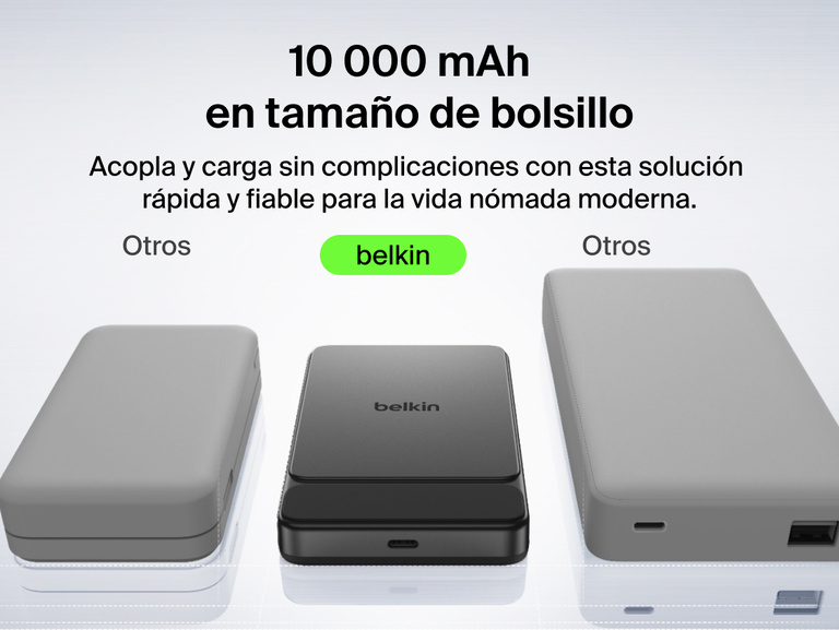 Belkin UltraCharge Slim Magnetic Power Bank 10K highlighting premium aluminum finish, ergonomic grip, soft-touch magnetic surface, digital display, and portable wireless charging design