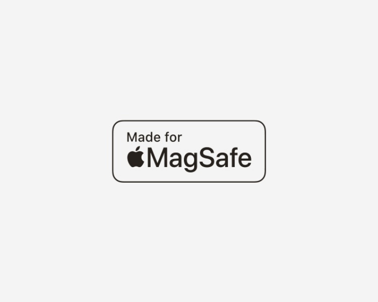 Ein einfaches schwarz-weißes Logo mit der Aufschrift „Made for Apple MagSafe“ innerhalb eines Rechtecks. Das Apple Logo befindet sich vor dem Wort „MagSafe“, wodurch die Zertifizierung für Apples MagSafe-Technologie angezeigt wird. Der Hintergrund ist weiß.