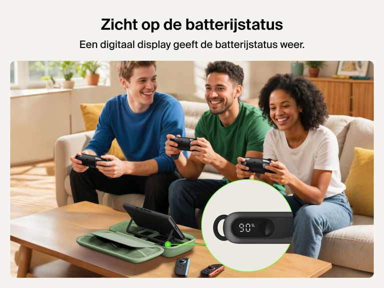 Group of friends gaming on Nintendo Switch 2 while the Belkin Gaming Charging Case powers a console, featuring a close-up of the built-in digital display showing 90% battery level.
