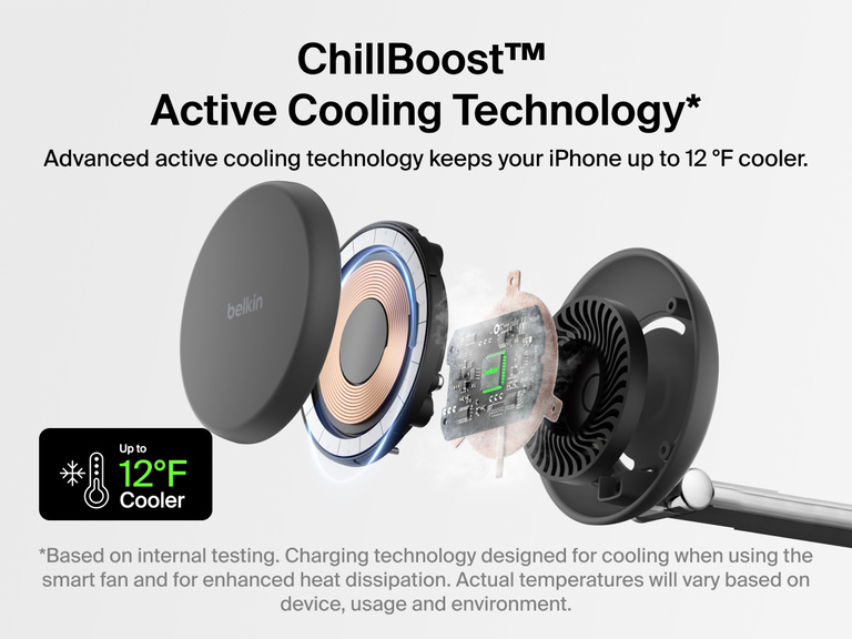 Belkin UltraCharge Pro 3-in-1 Magnetic Charging Dock with Qi2 25W uses ChillBoost™ active cooling technology to keep your iPhone up to 12°F cooler during high-speed wireless charging.
