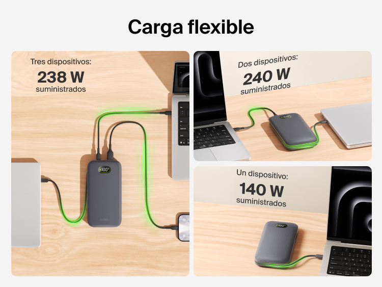 UltraCharge Pro Laptop Power Bank 27K delivering flexible charging with shared power output for one, two, or three devices up to 240W