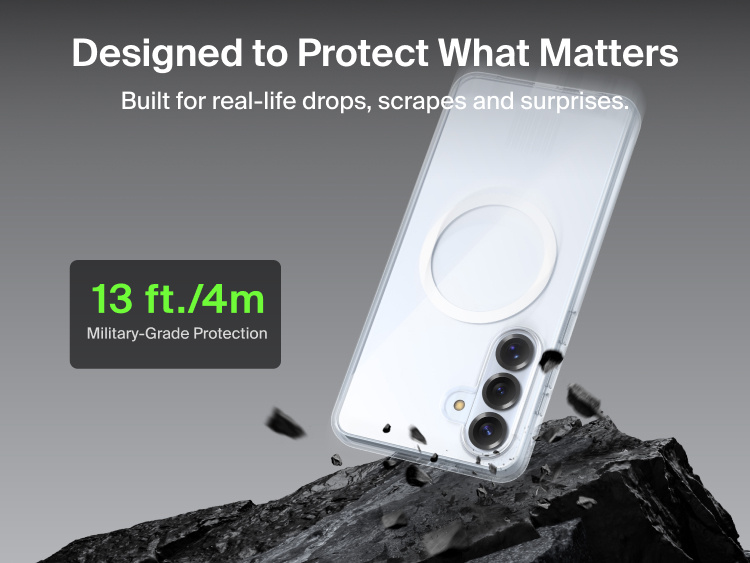 Belkin SheerForce Clear Series Case for Samsung Galaxy S26 shown protecting a phone during impact, highlighting slim design with 13 ft / 4 m military-grade drop protection and built-in Qi2 wireless charging support.