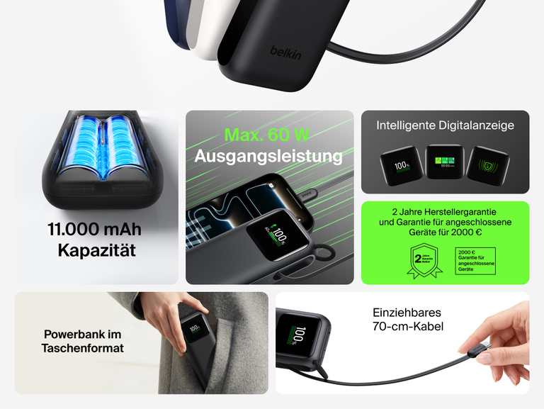 Die Funktions&uuml;bersicht der &zwnj;UltraCharge 11K-Powerbank mit einziehbarem Kabel zeigt die 11K-Kapazit&auml;t, das kompakte und handliche Design, eine maximale Ausgangsleistung von 60 W, ein 70 cm langes einziehbares Kabel, ein intelligentes digitales Display und eine 2-j&auml;hrige Herstellergarantie sowie Garantie f&uuml;r angeschlossene Ger&auml;te f&uuml;r 2.000&nbsp;&euro;