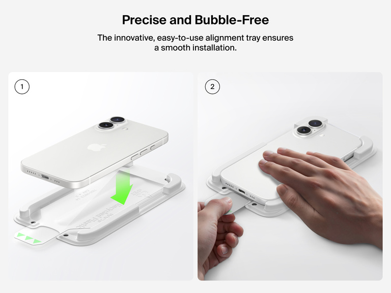 Belkin ScreenForce TemperedGlass Screen Protector with precise, bubble-free installation using an easy-to-use alignment tray for flawless iPhone protection.