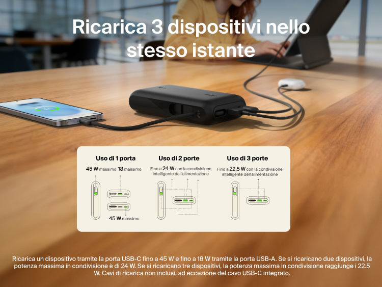 Belkin UltraCharge 10K power bank with integrated USB-C cable and digital display charging up to three devices simultaneously with smart power sharing