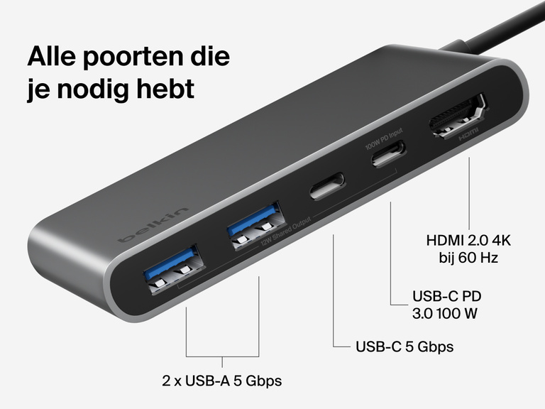Belkin Connect 5-Port USB-C Hub with Dual USB-C Ports includes HDMI 2.0 4K@60Hz, USB-C PD 3.0 100W, USB-C 5Gbps, and dual USB-A 5Gbps ports.
