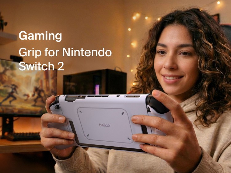 Belkin Gaming Grip for Nintendo Switch 2 with ergonomic detachable grips, dock compatibility, kickstand support, and textured anti-slip design for comfortable gameplay.