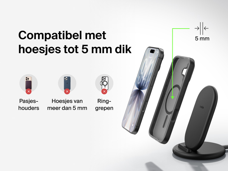 Belkin BoostCharge Wireless Charging Stand 15W shown charging through phone cases up to 5mm thick, not compatible with wallet cases, thick cases, or ring grips.