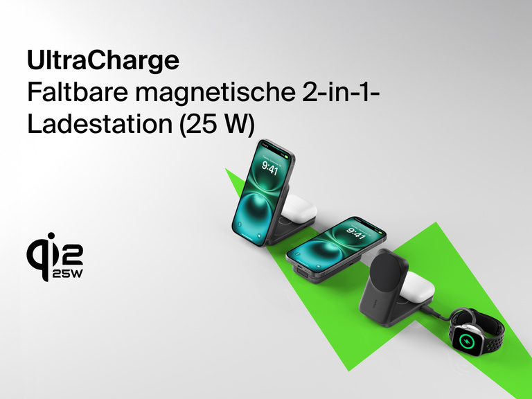 Belkin UltraCharge faltbare magnetische 2-in-1-Ladestation mit Qi2 25W wird beim Laden folgender Geräte auf einem stylischen, kompakten Ständer gezeigt: iPhone, AirPods und Apple Watch.