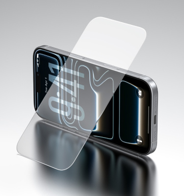 Smartphone lying on its back with a tempered glass screen protector partially aligned above the display, ready for application.